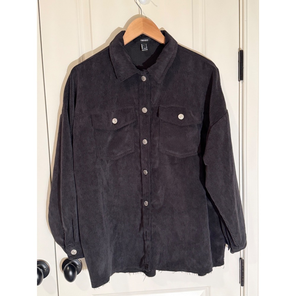Forever 21 Black Corduroy Button Down Shirt Shacket Raw Hem Small